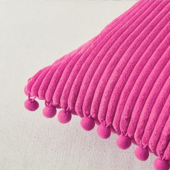 Hot Pink Corduroy Luxury Farmhouse Velvet Pompom Cute Throw Pillow Cover/CaseSet - Picture 3 of 8